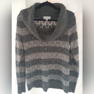 Carolyn Taylor open weave grey stripped cowl neck. Size PL.
